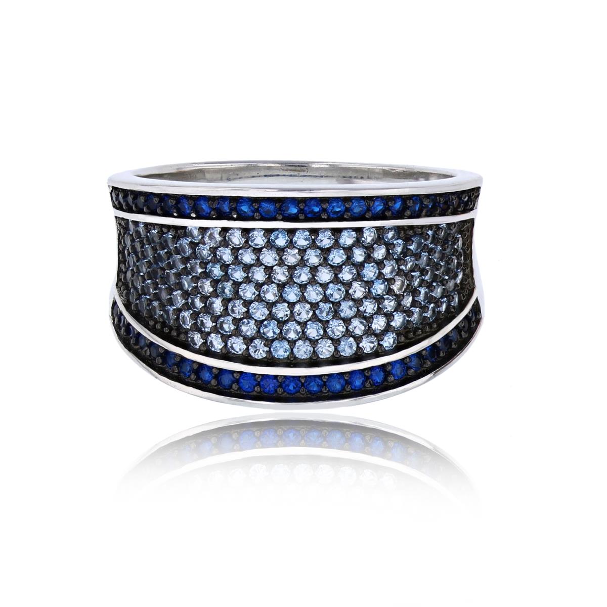 Sterling Silver Black & White Micropave Sapphire+London Blue Rd CZ Concave Fashion Ring