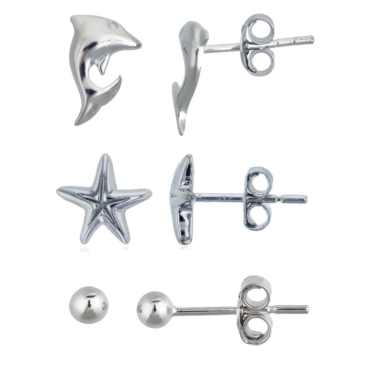 Sterling Silver Rhodium Dolphin, Starfish & 2mm High Polished Ball Stud Earring Set