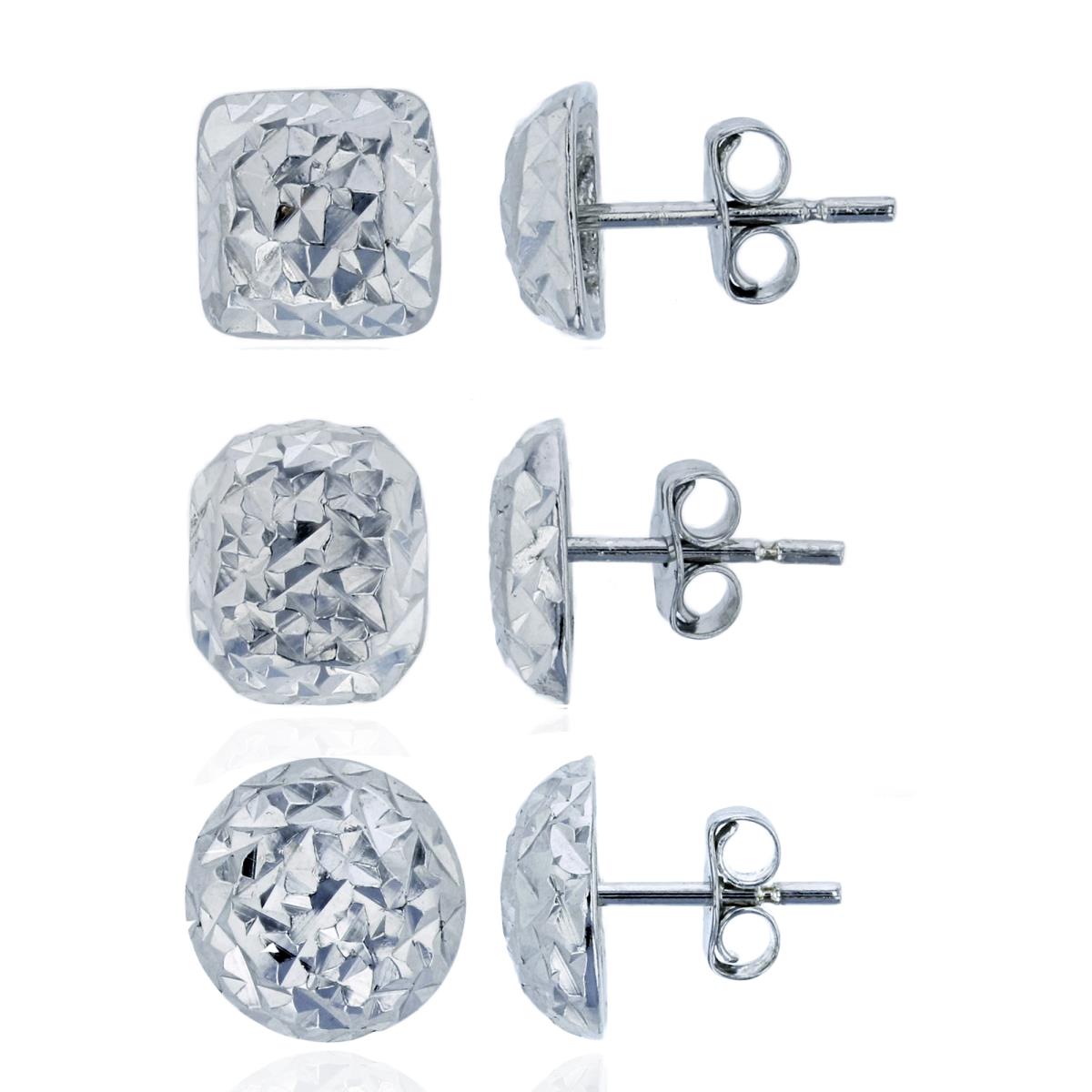 Sterling Silver Rhodium DC Square, Round & Glitter Round Stud Earring Set