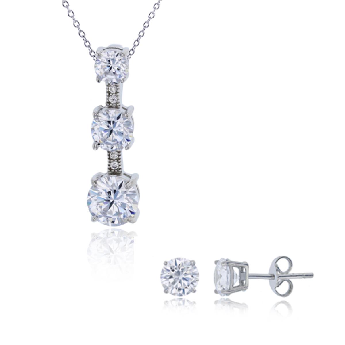 Sterling Silver Rhodium Rd Cut Graduated 18" Necklace & 6.00mm Solitaire Stud Earring Set