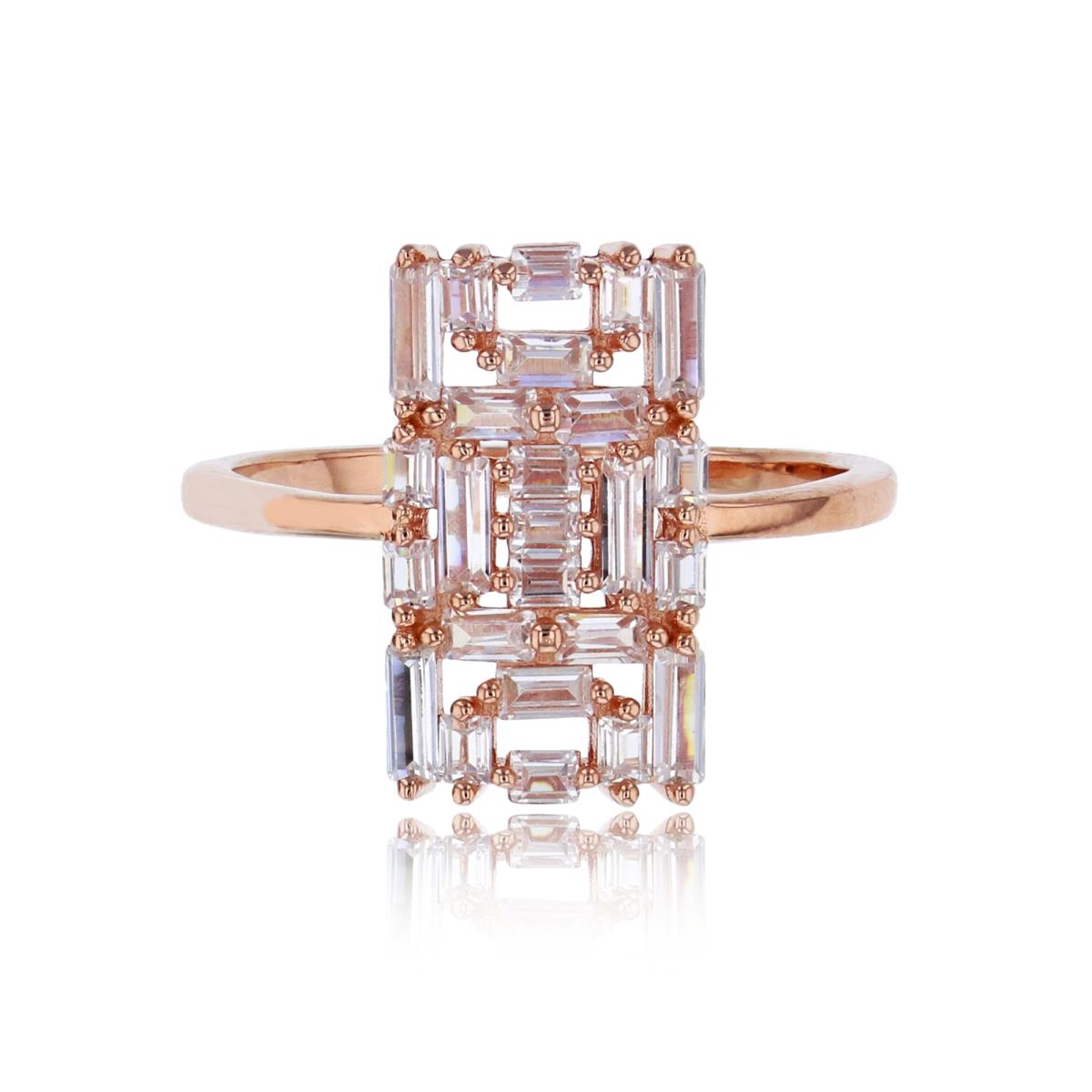 Sterling Silver Rose Pave Baguette CZ Rectangular Fashion Ring