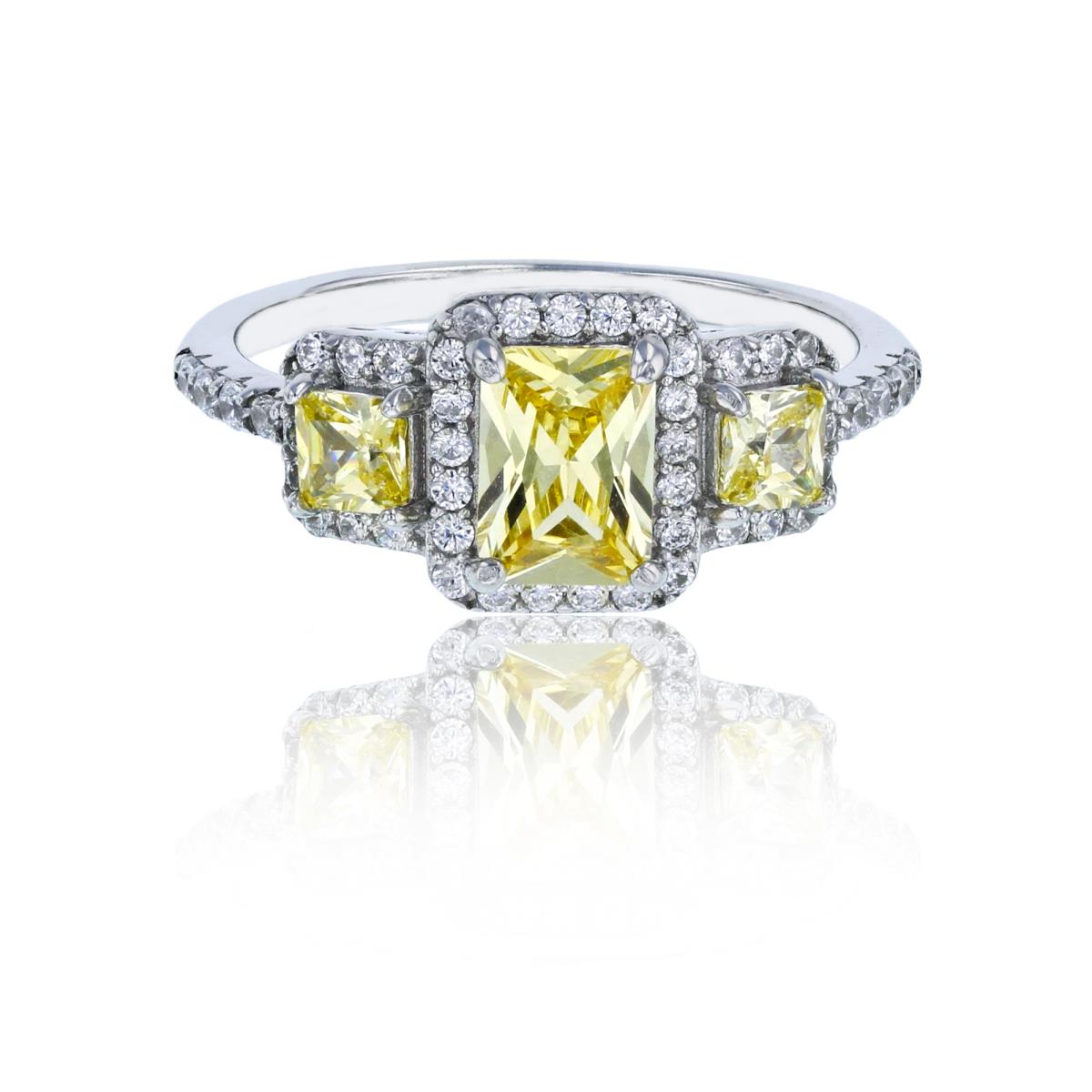 Sterling Silver Rhodium Canary Yellow 7x5mm Emerald Cut with 3.5mm Princess Cut Sides Halo Ring