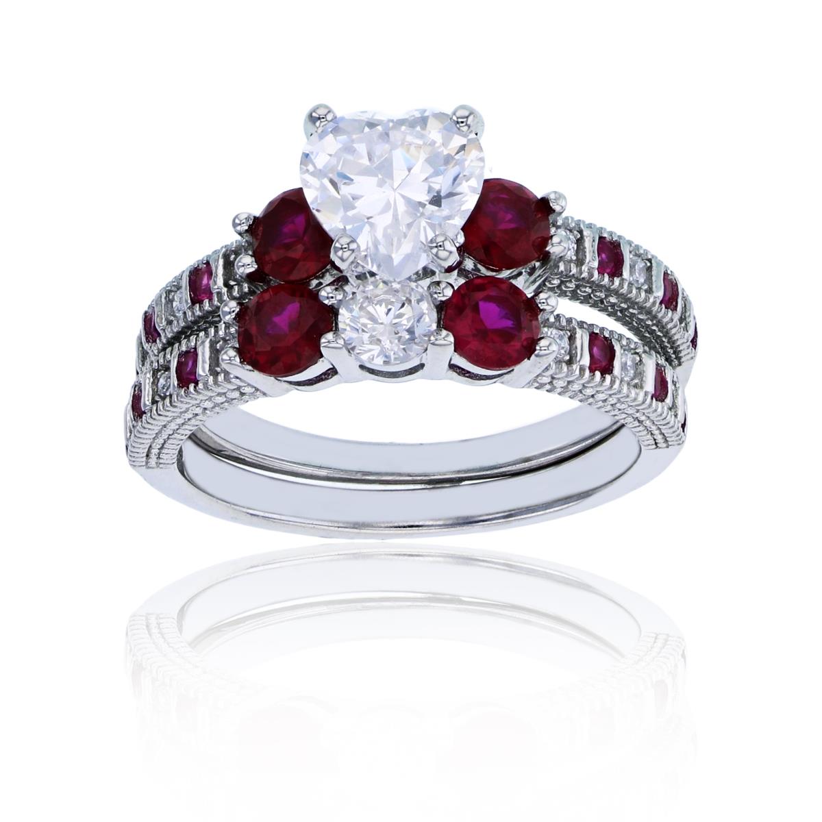 Sterling Silver Rhodium 7mm White Heart Cut with Alternating Ruby & White Rd CZ Duo Ring