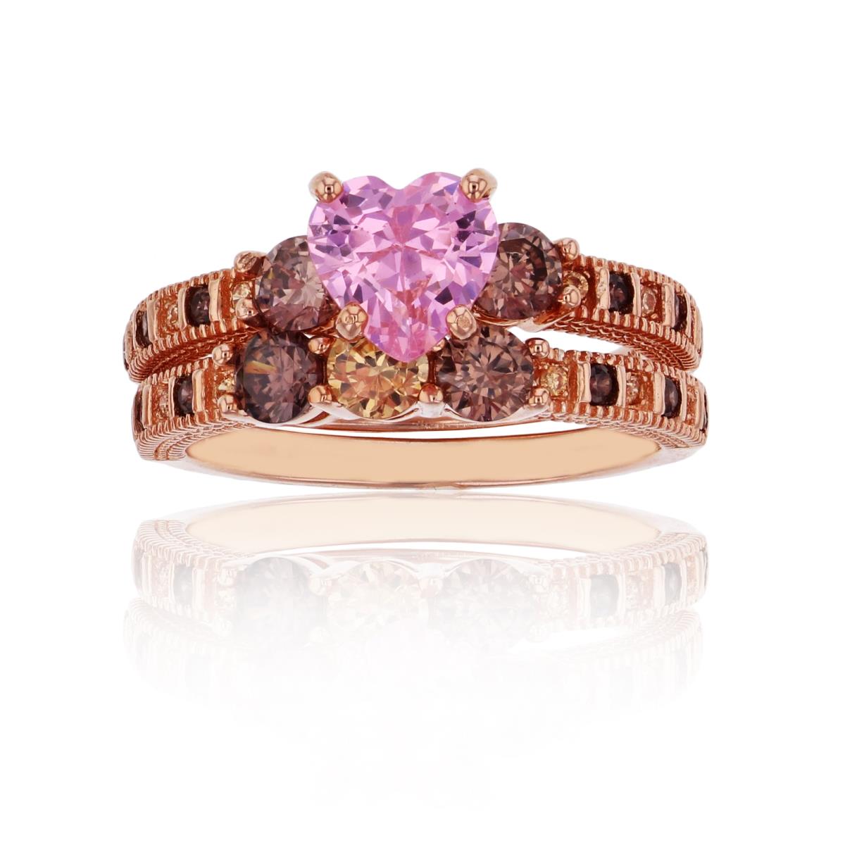 Sterling Silver Rose 7mm Pink Heart Cut with Alternating Brown & Champagne Rd CZ Duo Ring