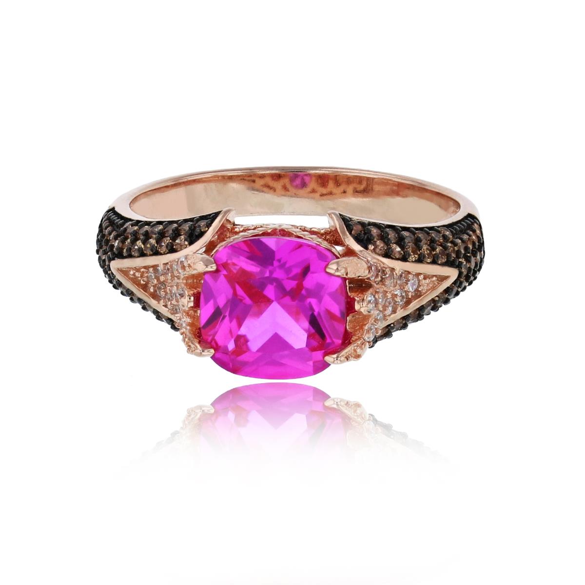 Sterling Silver Black & Rose 8mm Ruby Cushion Cut & Micropave White+Champagne CZ Sides Fashion Ring