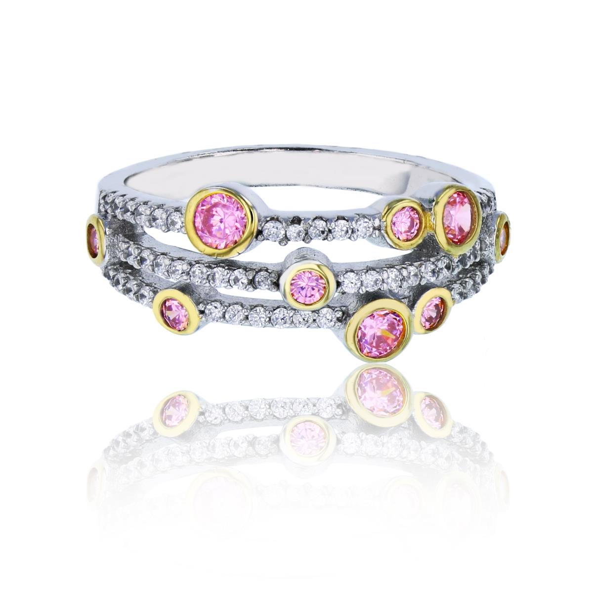 Sterling Silver Yellow & White 3-Strand Pink Bezel CZ Fashion Ring