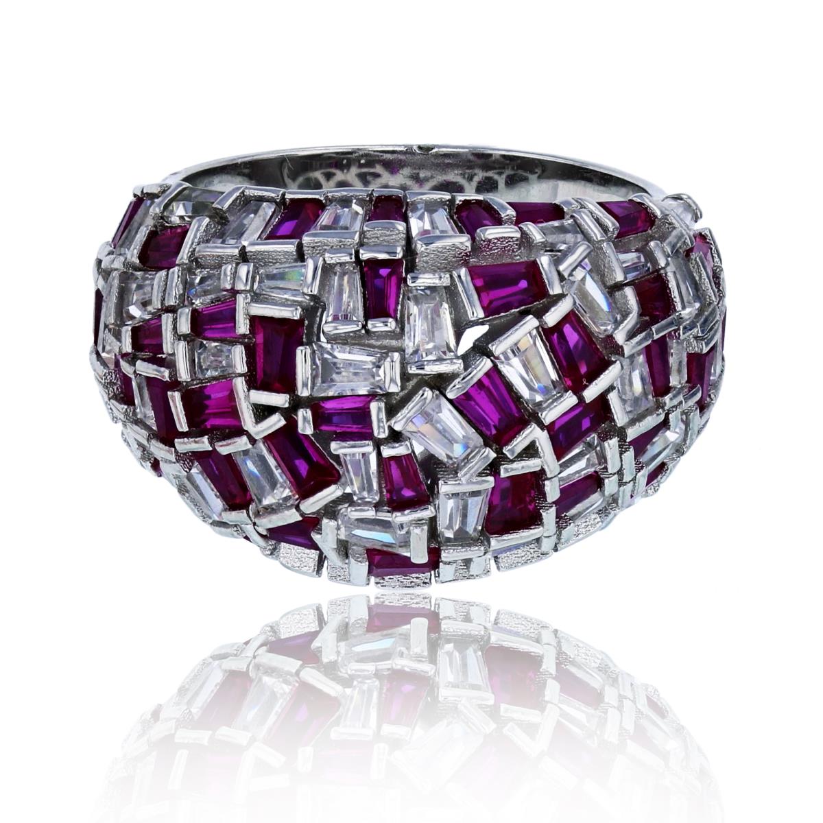 Sterling Silver Rhodium Pave Ruby & White Baguette CZ Cocktail Ring