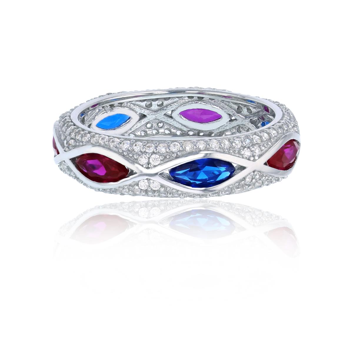 Sterling Silver Rhodium Pave Ruby & Sapphire Marquise & Rd Cut CZ Eternity Ring
