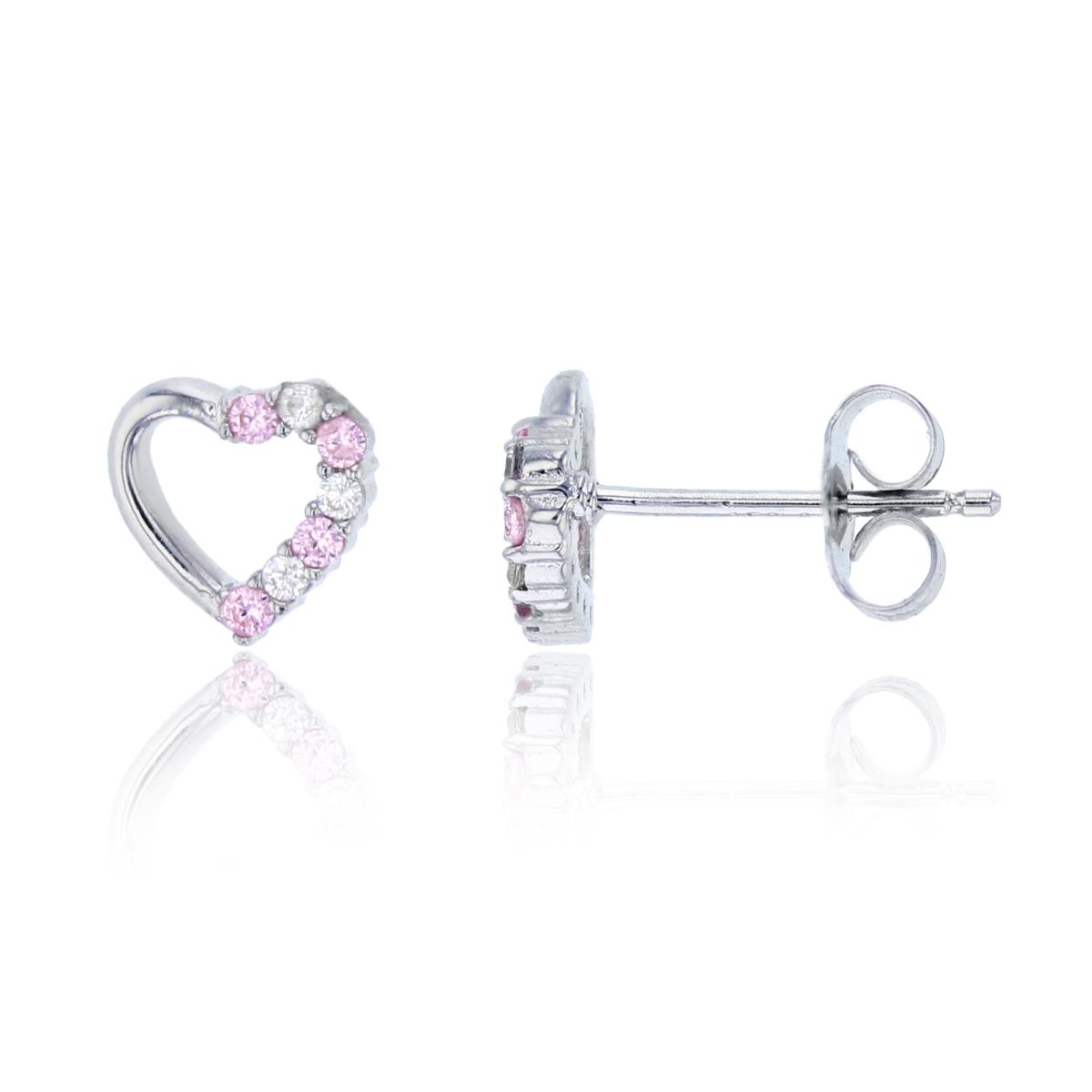 Sterling Silver Rhodium Half Micropave Pink & White CZ Open Heart Stud Earring