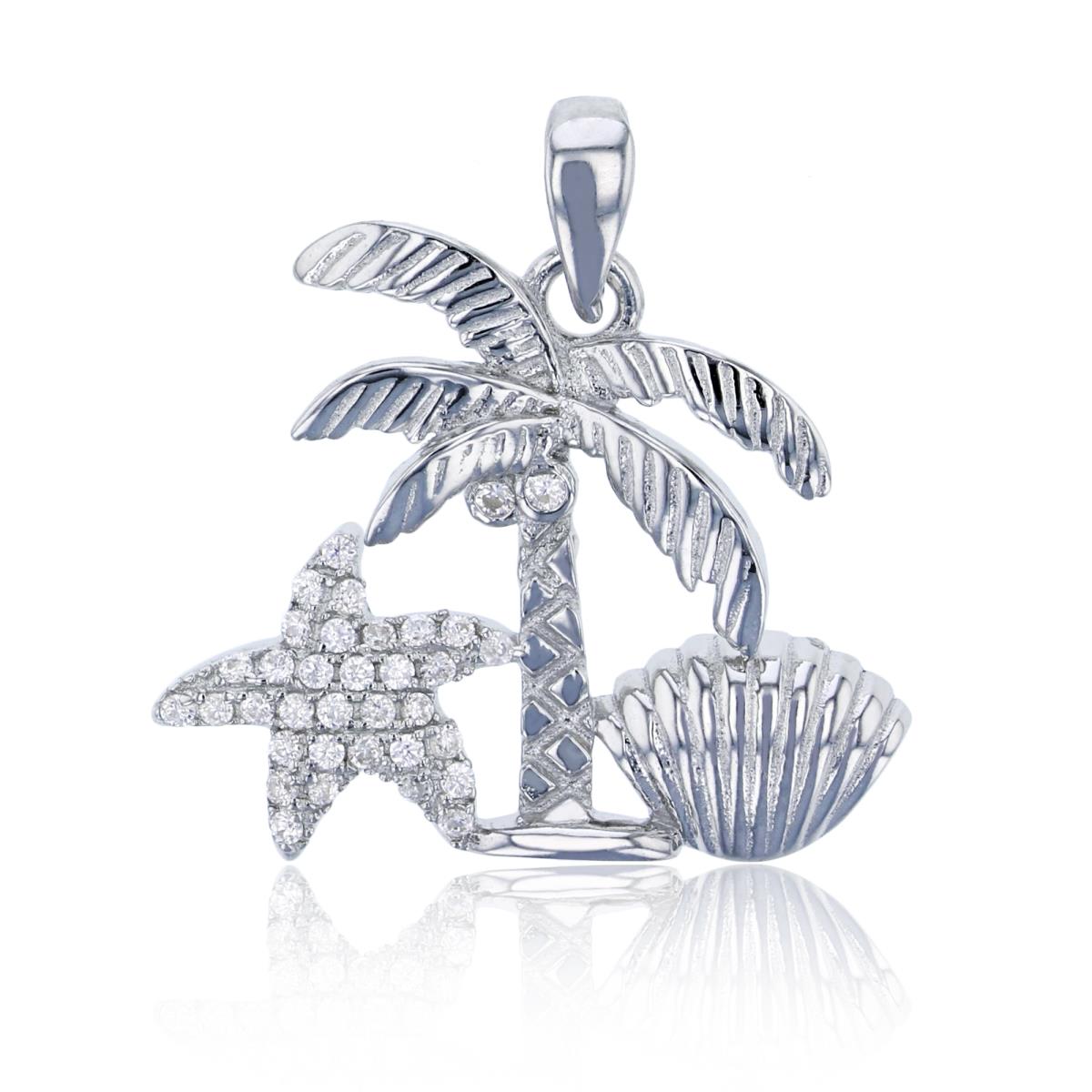 Sterling Silver Rhodium Textured Palm Tree, Shell & Micropave Starfish Dangling Pendant