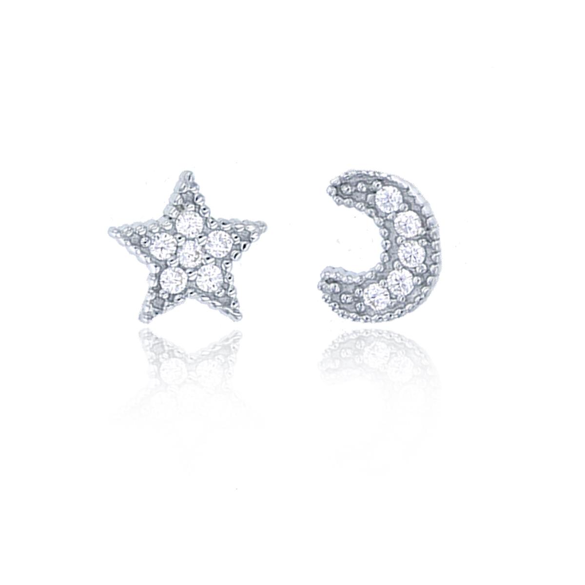 Sterling Silver Rhodium Micropave Moon & Star Stud Earring