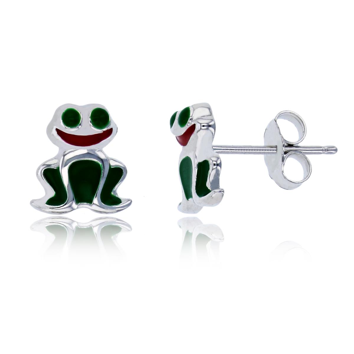 Sterling Silver Rhodium 9x8mm Red & Green Enamel Smiling Frog Stud Earring