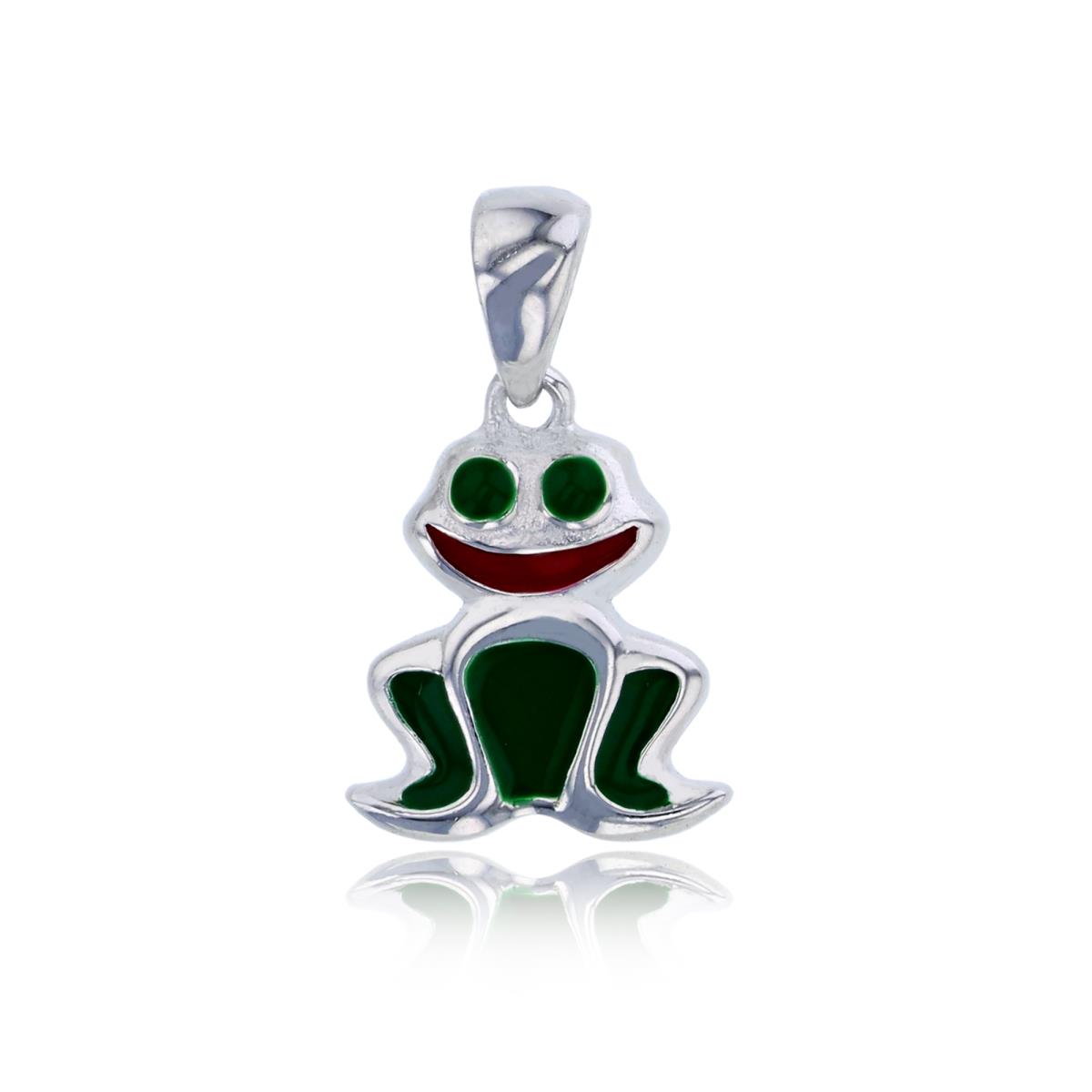 Sterling Silver Rhodium 19x11mm Red & Green Enamel Smiling Frog Pendant
