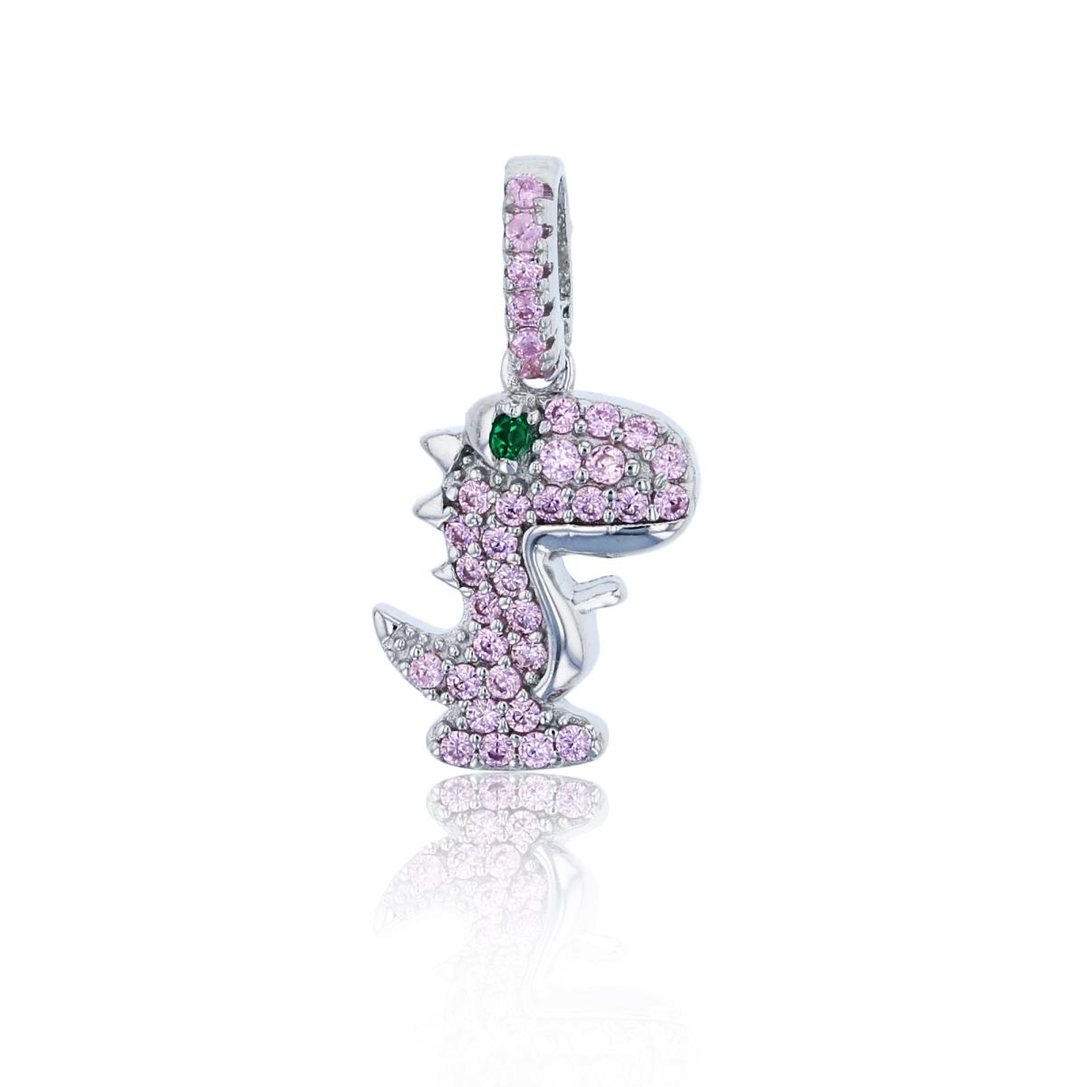 Sterling Silver Rhodium Pink & Emerald CZ Dinosaur Pendant