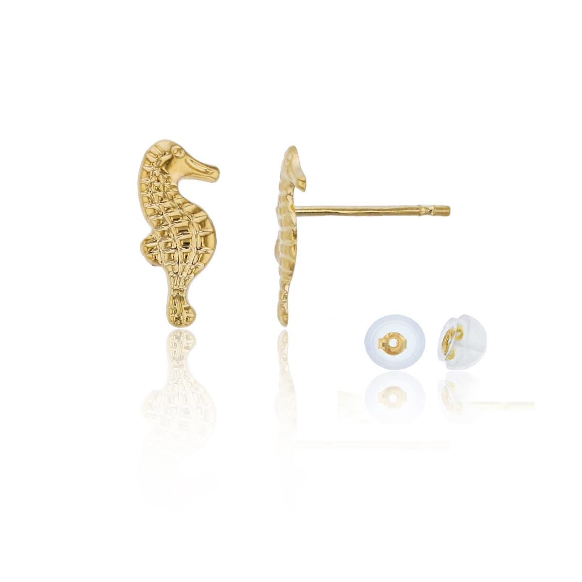 10K Yellow Gold 10x5mm Textured Seahorse Stud Earring with Silicone Back
