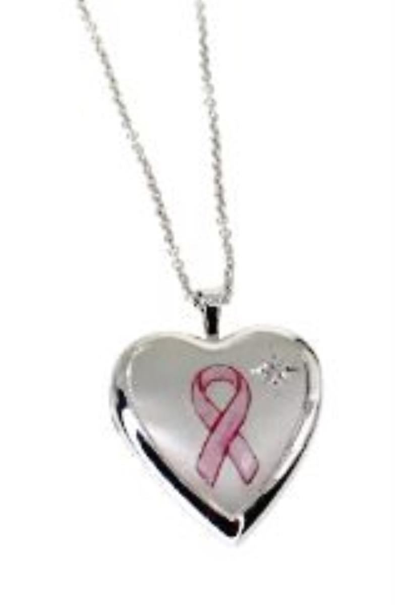 Sterling Silver Rhodium Satin Pink Ribbon 20mm Heart Locket with Diamond Accent 18" Necklace