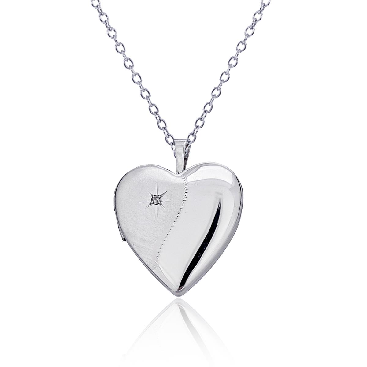 Sterling Silver Rhodium High Polished and Satin Diamond Accent Starburst Heart Locket 18" Necklace