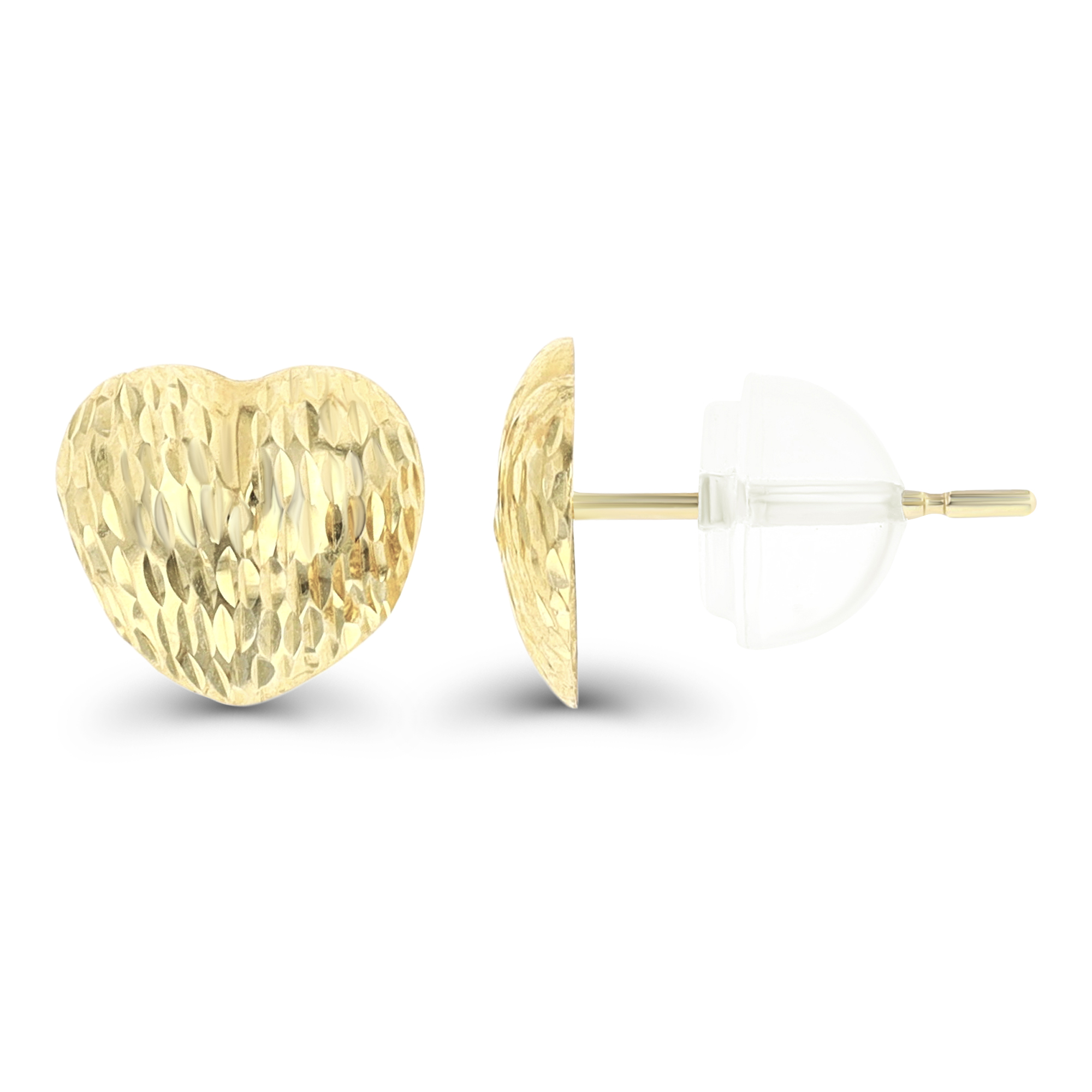 14K Yellow Gold 10x10mm Diamond Cut Heart Stud Earring with Silicone Back