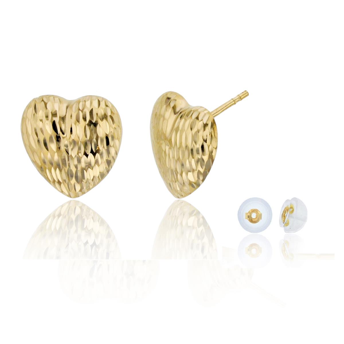 10K Yellow Gold 10x10mm Diamond Cut Heart Stud Earring with Silicone Back