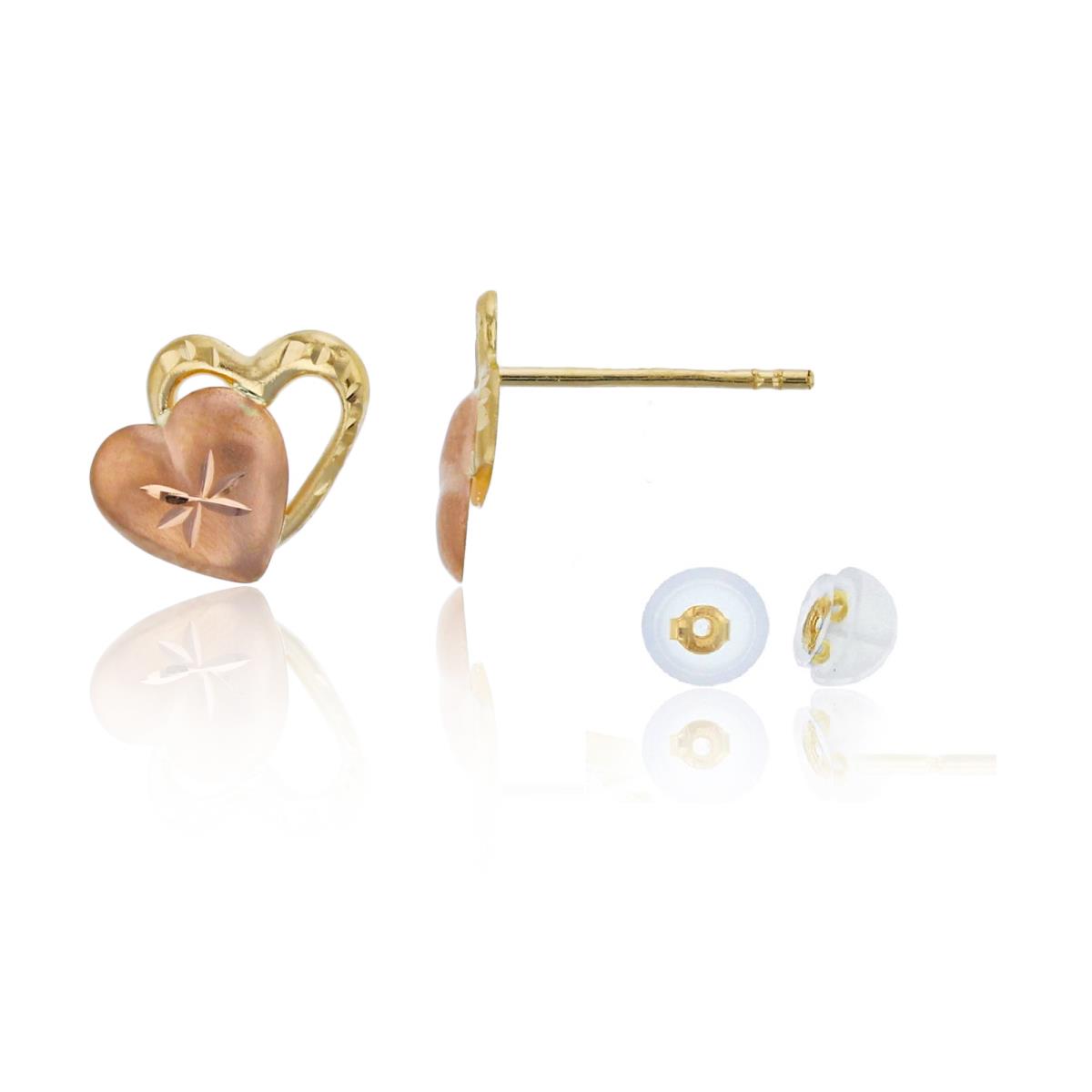 10K Two-Tone Gold 8x8mm Polished & DC Double Hearts Stud Earrings with Silicone Back