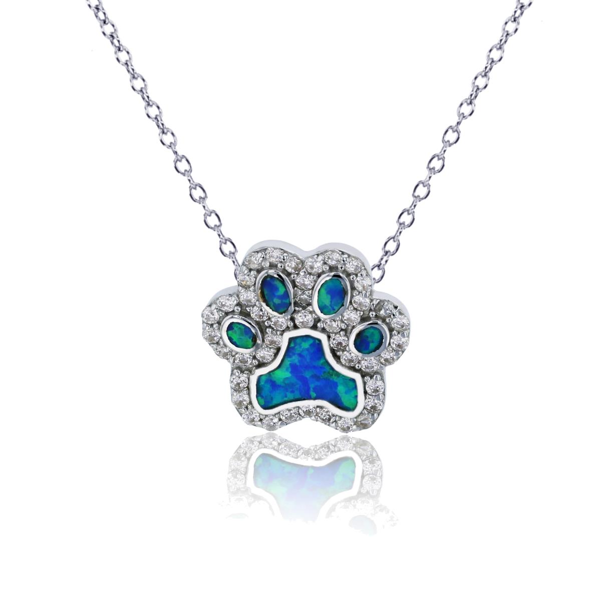 Sterling Silver Rhodium 13x13mm Created Blue Opal & White CZ Paw 18" Necklace