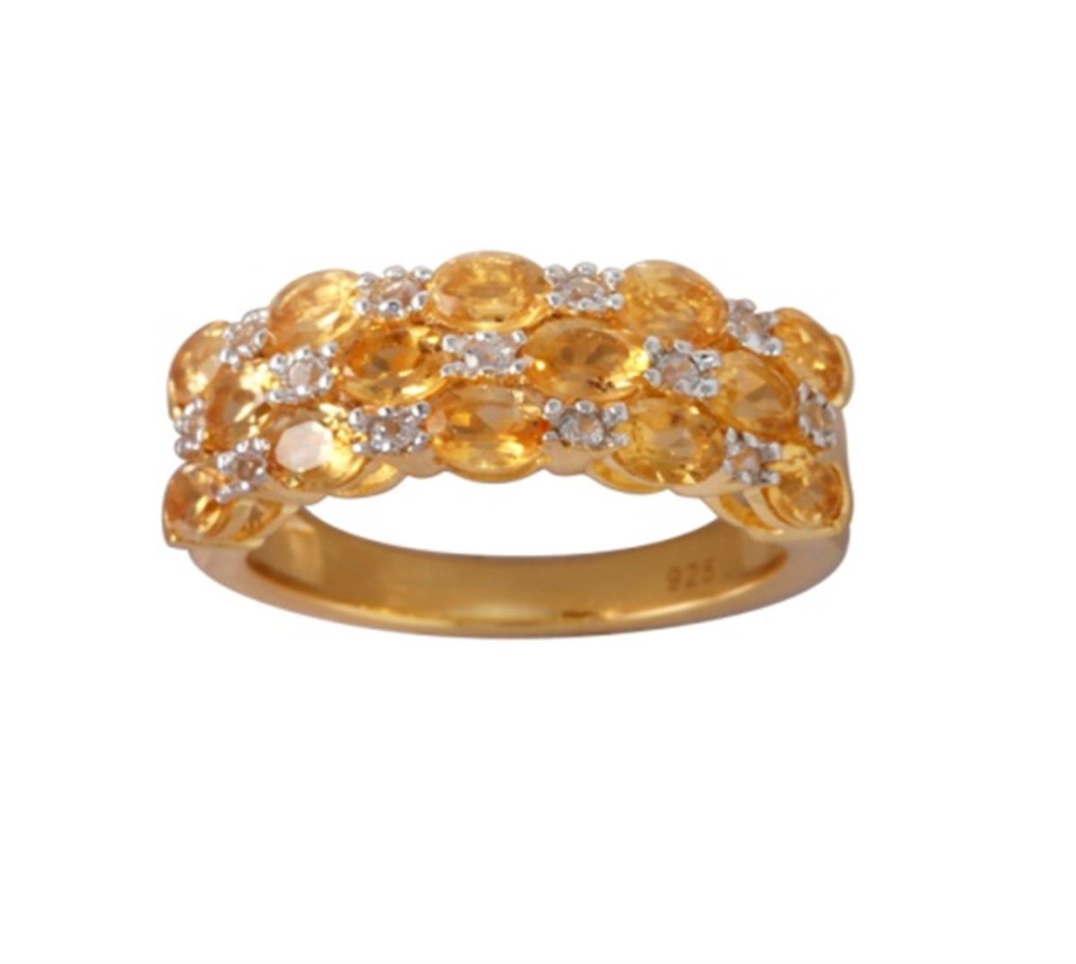 Sterling Silver Yellow 1-Micron 3-Row Alternating Citrine Oval & White Zircon Round Cut Anniversary Band