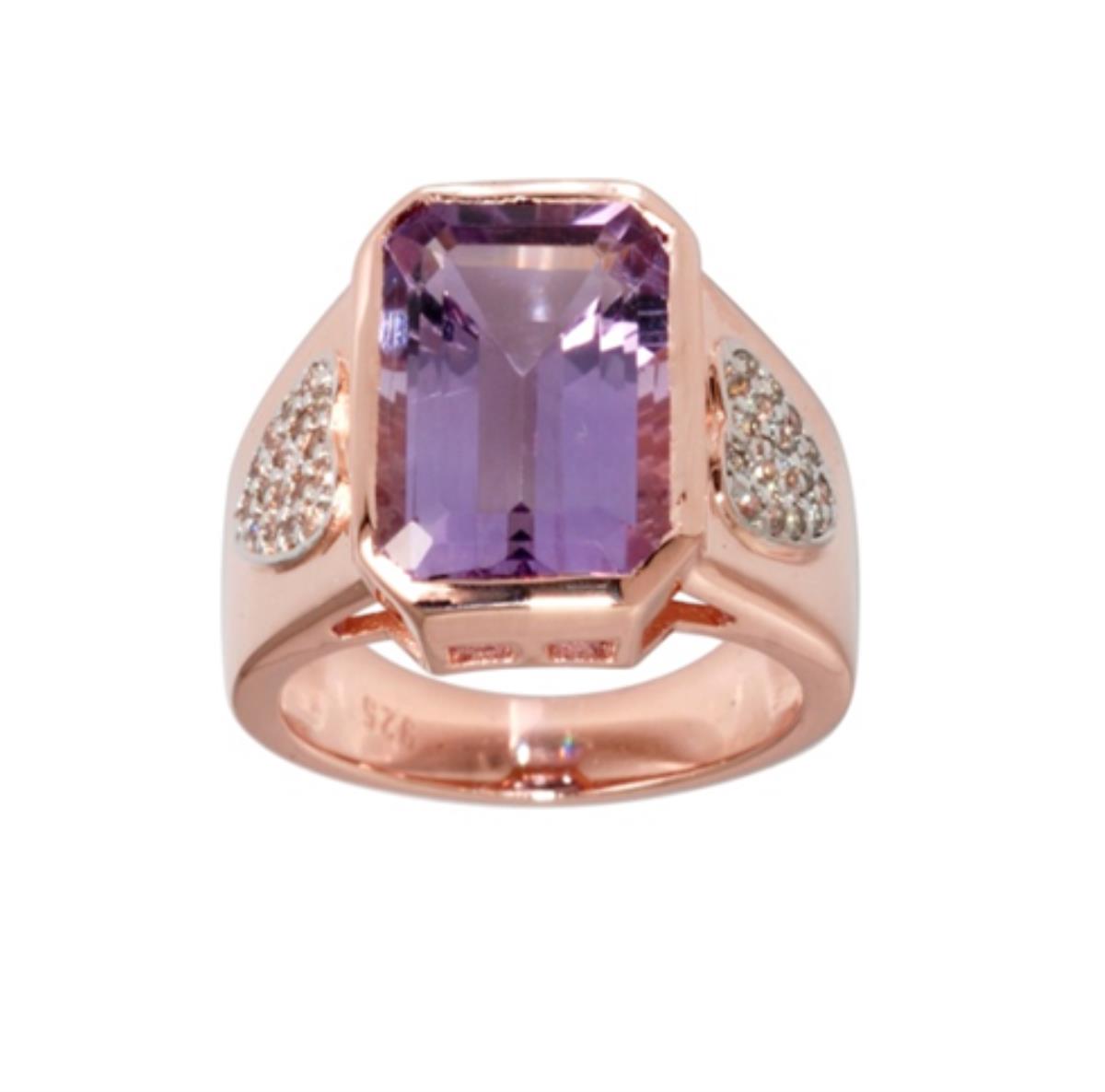 Sterling Silver Rose 14x10mm Amethyst Octagonal Cut with White Zircon Pave Sides Fashion Ring