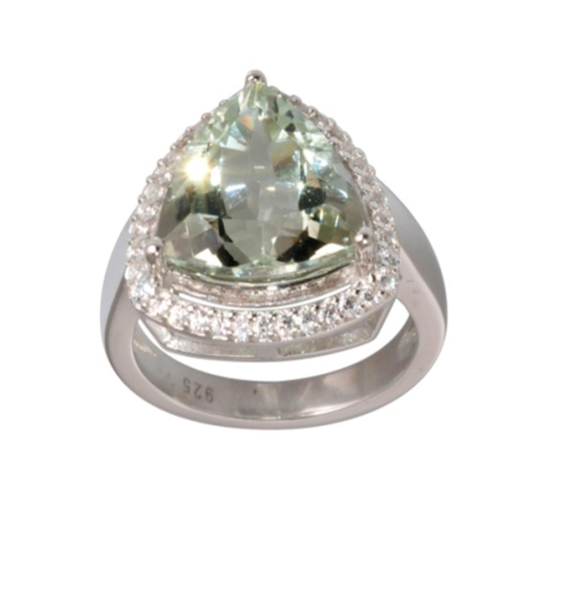 Sterling Silver Rhodium 12mm Green Amethyst Trillion Cut with White Zircon Halo Fashion Ring