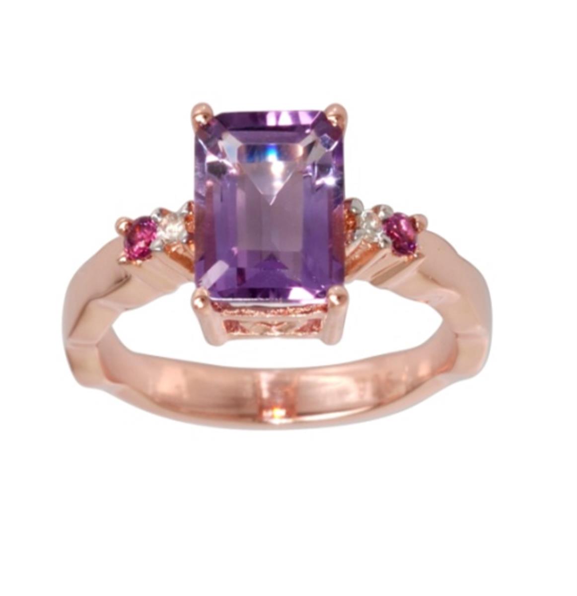 Sterling Silver Rose 1-Micron 9x7mm Emerald Cut Pink Amethyst with White Zircon+Rhodolite Sides Eng Ring