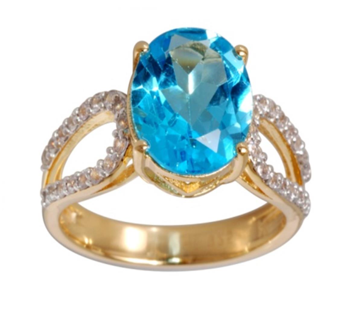 10K Yellow Gold 11x9mm Sky Blue Topaz Oval Cut & White Zircon Open Sides Engagement Ring