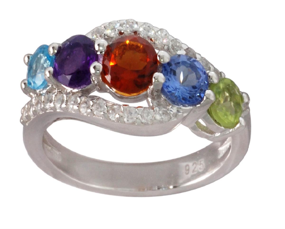 Sterling Silver Rhodium Multi-Color Graduated Stones Fashion Ring