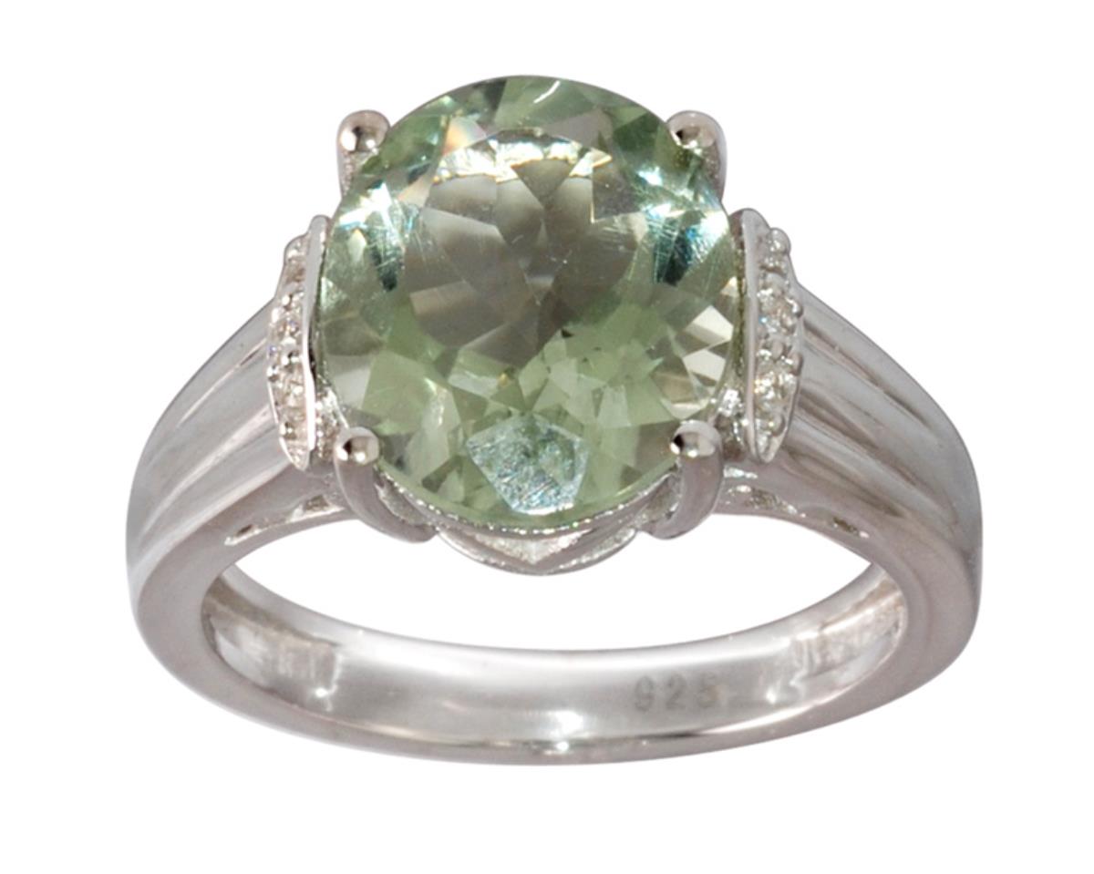 Sterling Silver Rhodium 12x10mm Green Amethyst Oval Cut with White Zircon Sides Eng Ring