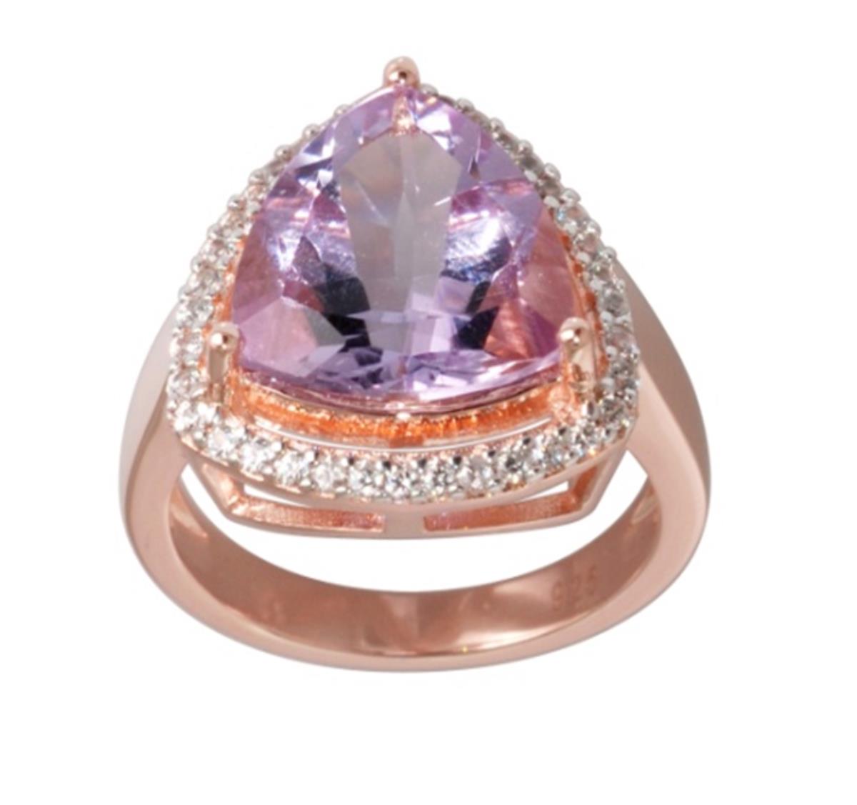 Sterling Silver Rose 1-Micron 12mm Pink Amethyst Trillion Cut with White Zircon Halo Fashion Ring
