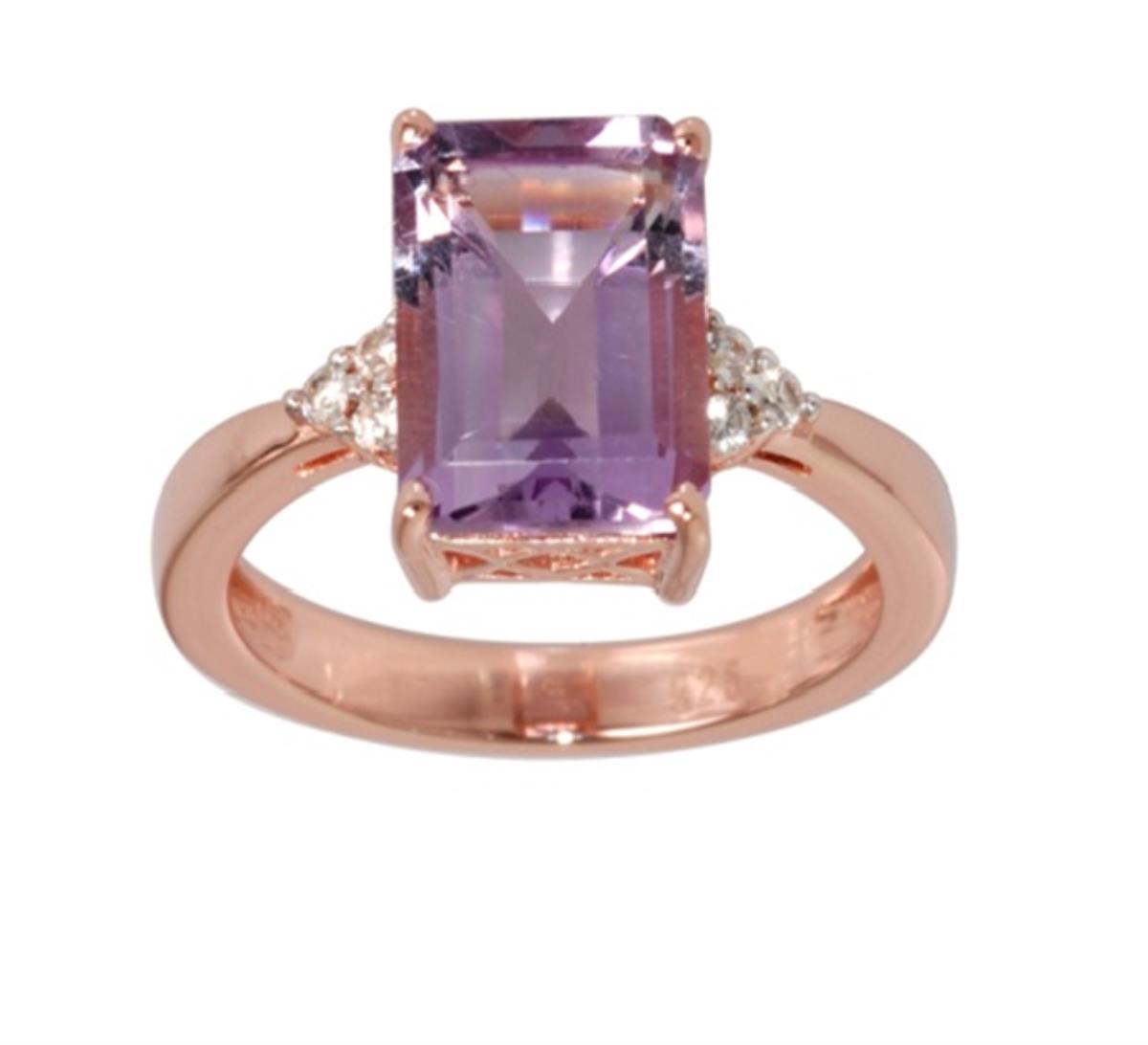 Sterling Silver Rose 1-Micron 10x8mm Emerald Cut Pink Amethyst with White Zircon Sides Engagement Ring