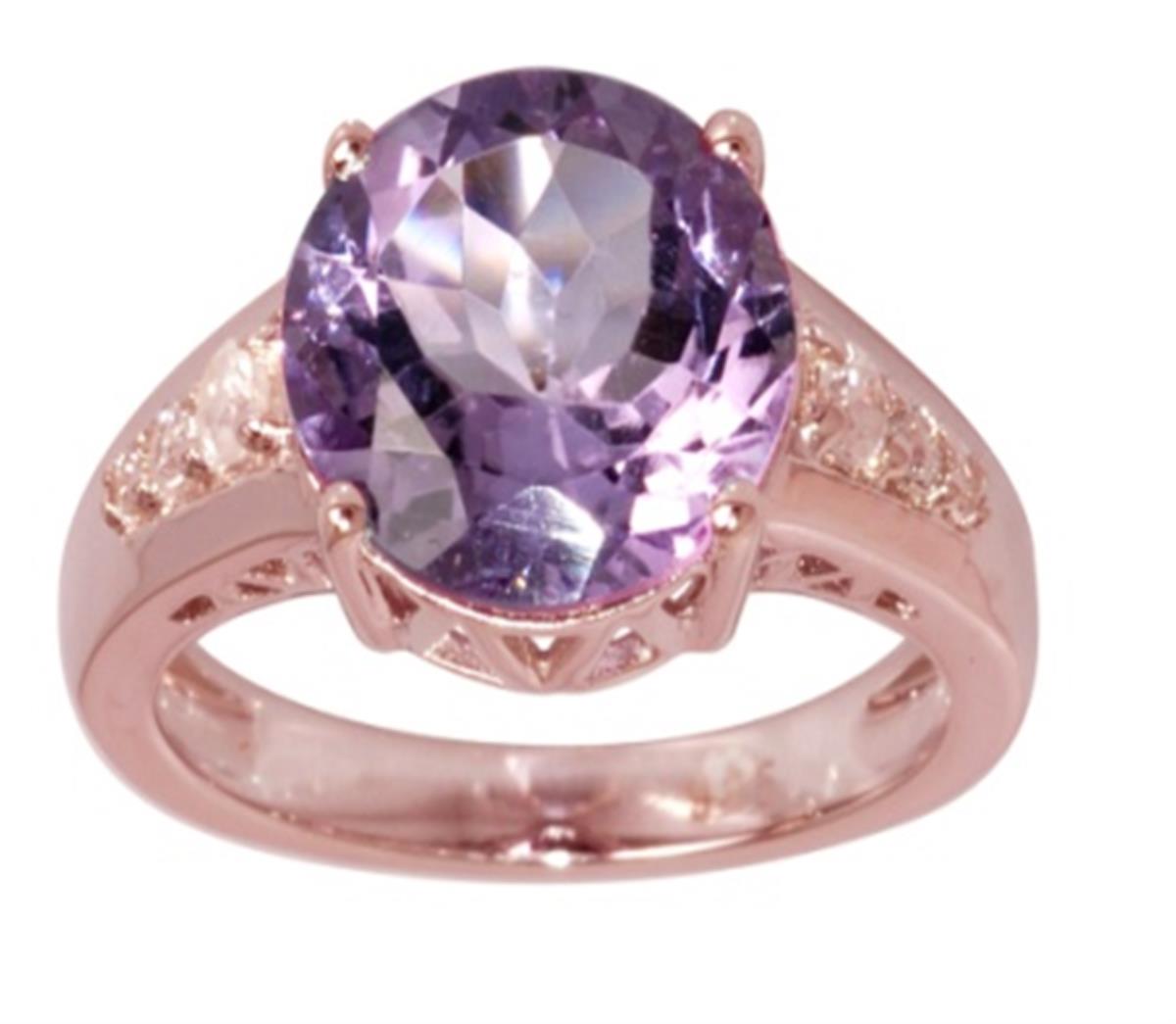 Sterling Silver Rose 1-Micron 11mm Pink Amethyst Round Cut & Graduated White Zircon Sides Engagement Ring