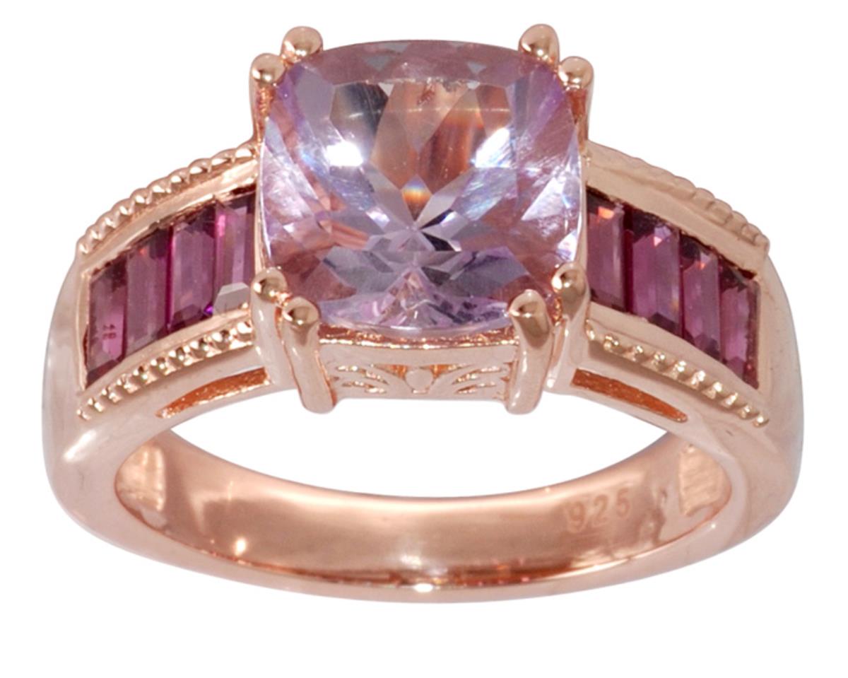 10K Rose Gold 9mm Pink Amethyst Cushion Cut with Rhodolite Baguette Sides Eng Ring