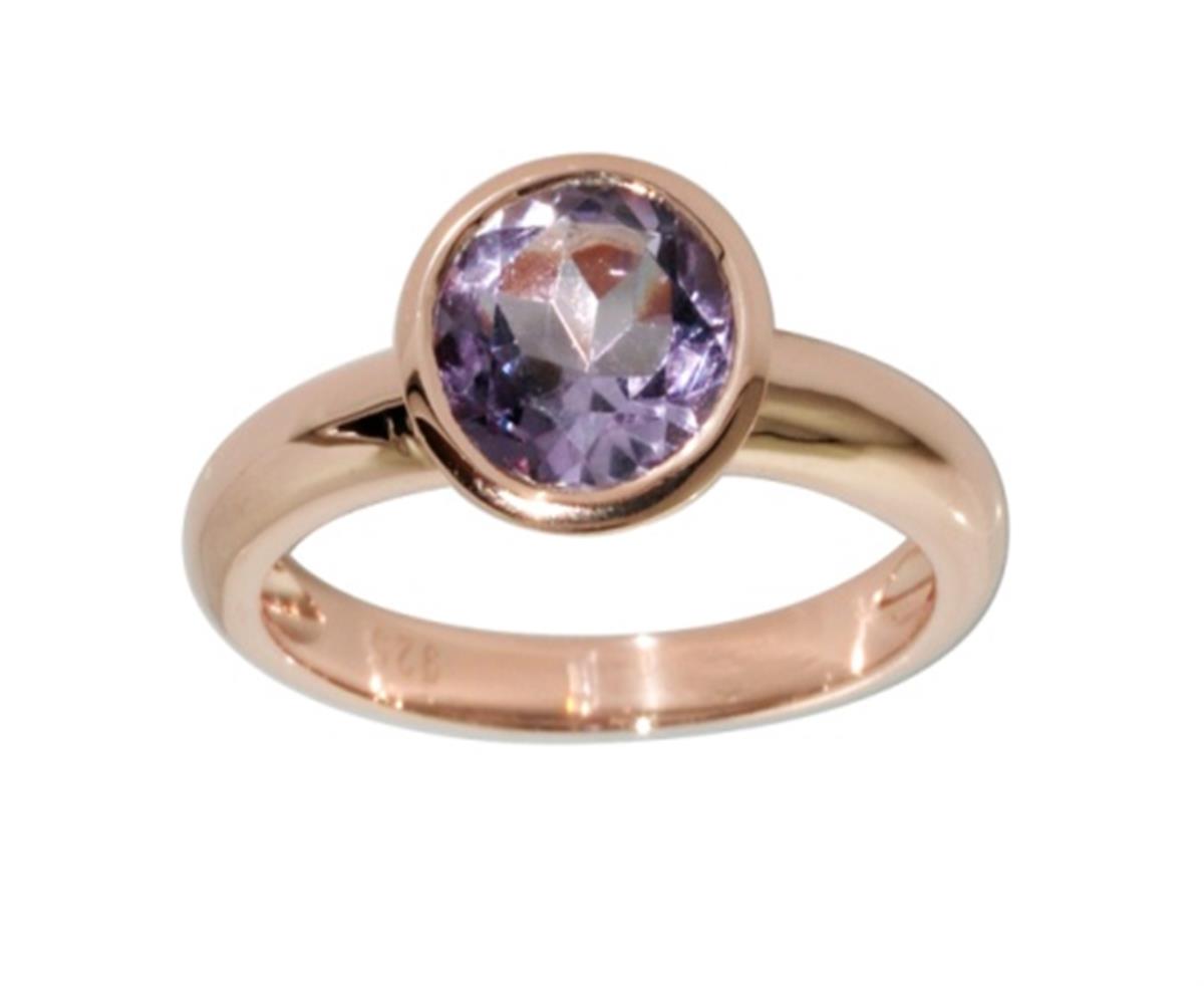 Sterling Silver Rose 1-Micron 8mm Round Cut Pink Amethyst Bezel Set Solitaire Ring