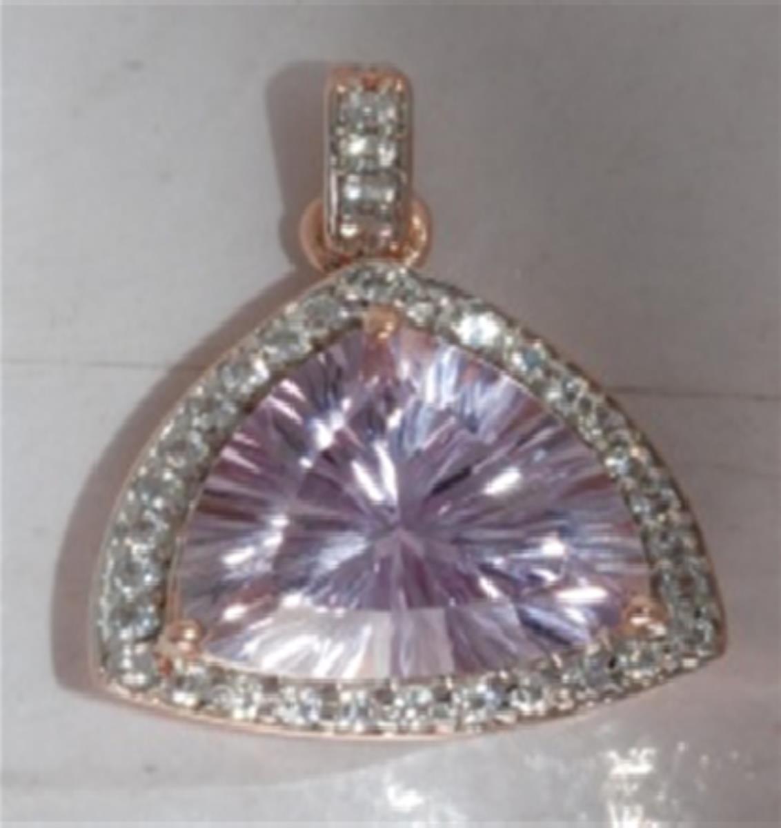 Sterling Silver Rose 1-Micron 12mm Trillion Cut Pink Amethyst & Rd White Zircon Halo Pendant
