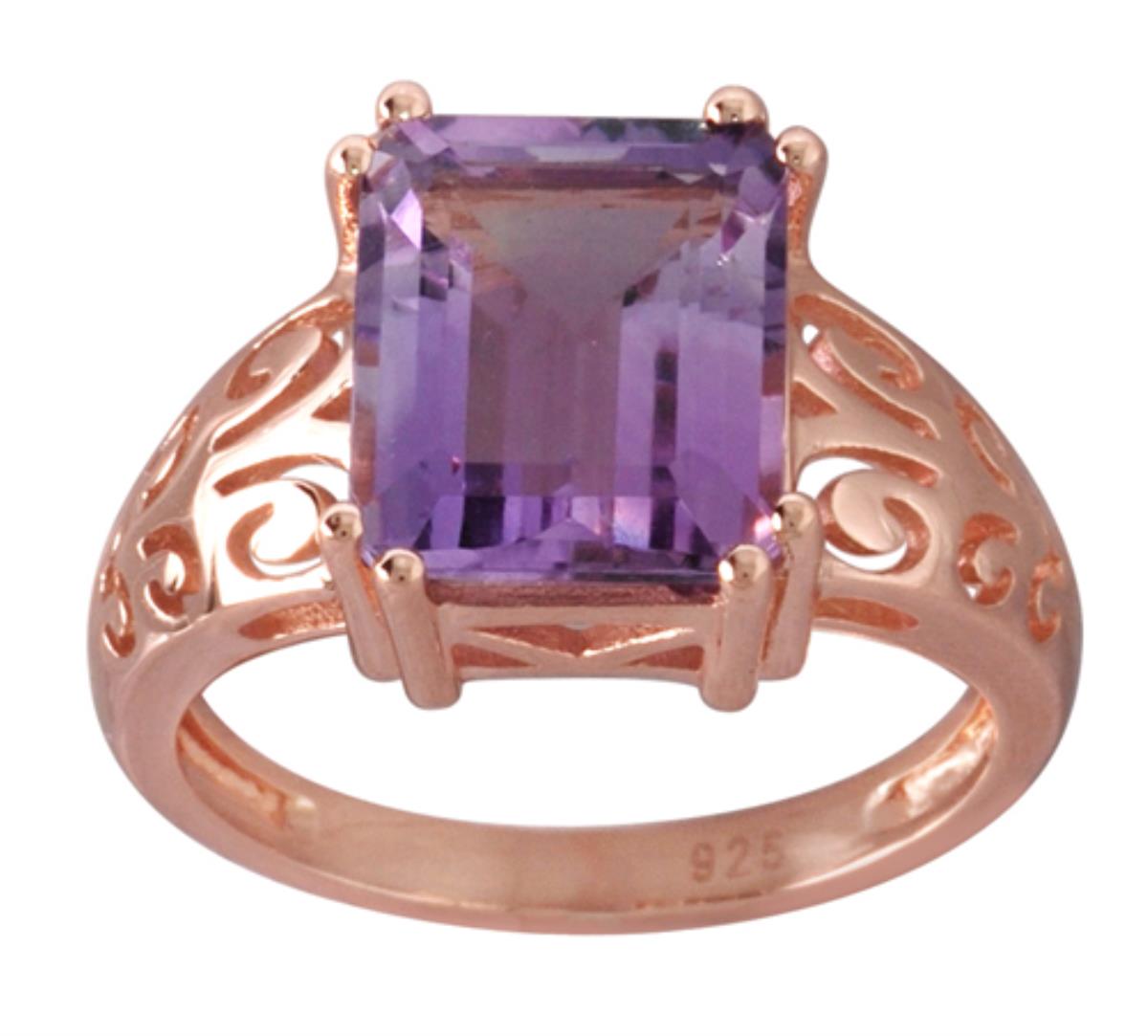 Sterling Silver Rose 1-Micron 11x9mm Emerald Cut Pink Amethyst Filigree Sides Solitaire Ring