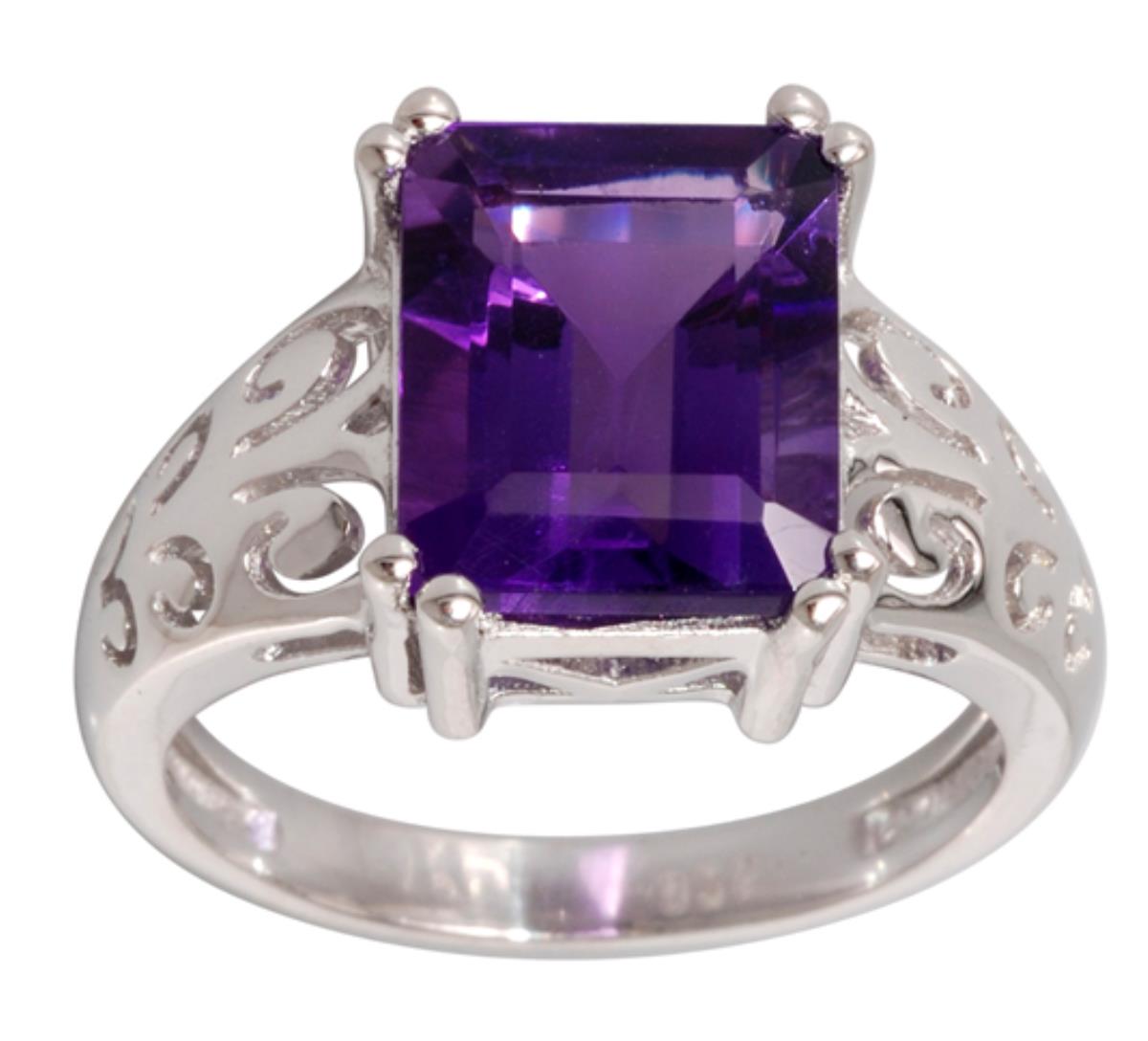 Sterling Silver Rhodium 11x9mm Emerald Cut Amethyst Filigree Sides Solitaire Ring