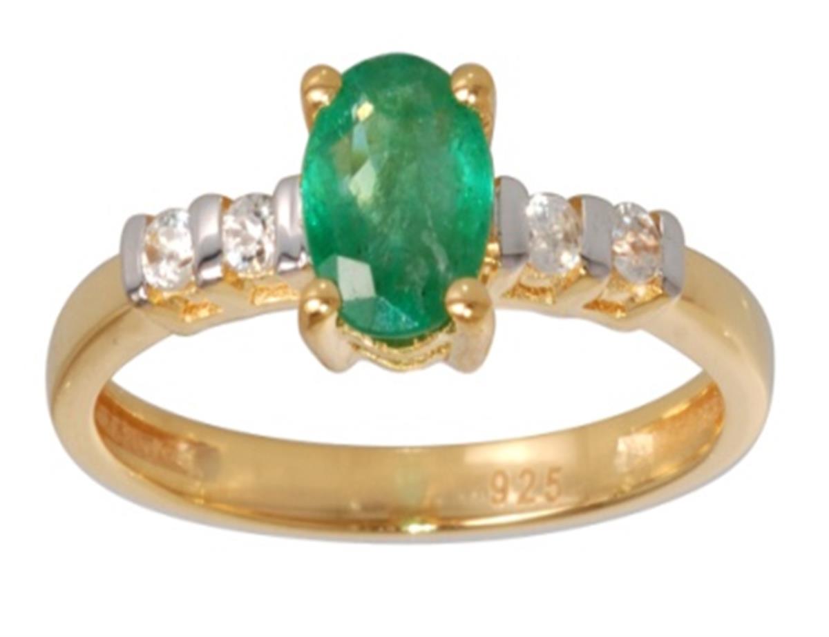 Sterling Silver Yellow 1-Micron 7x5mm Oval Cut Sakota Emerald & Round White Zircon Sides Fashion Ring