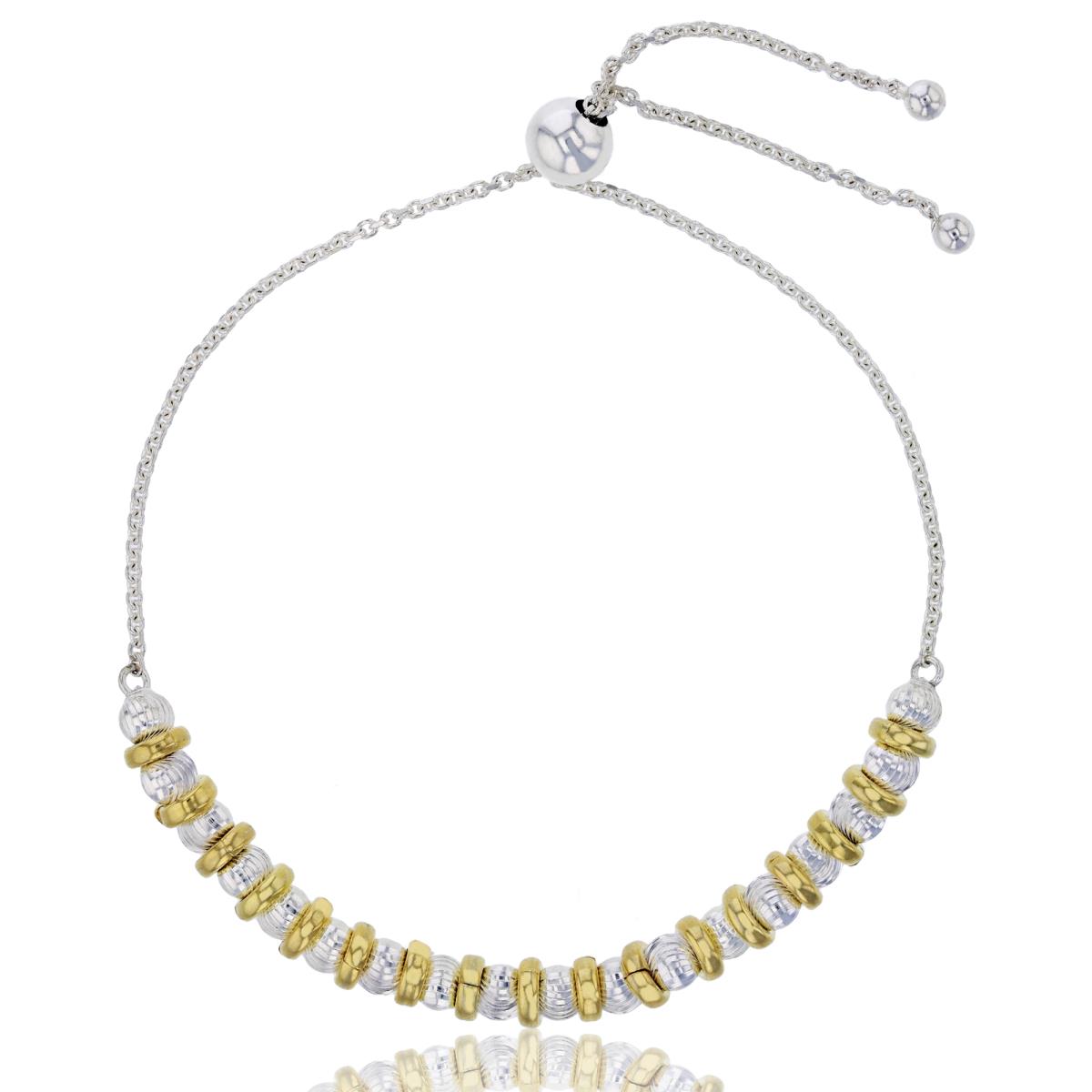 Sterling Silver Yellow & White Alternating Moon Cut Beads & Polished Disc Adjustable Bracelet