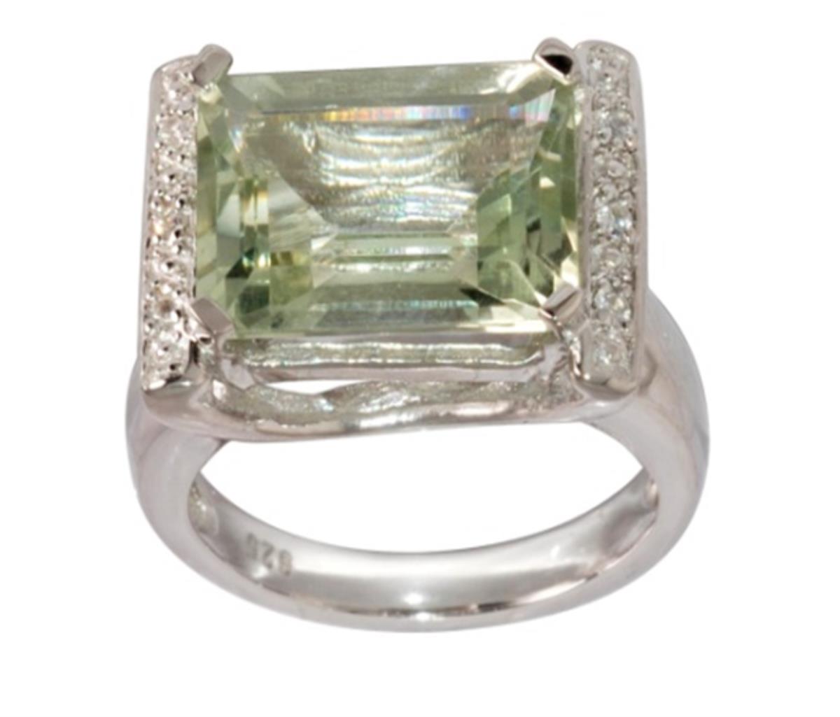 Sterling Silver Rhodium 14x10mm Emerald Cut Green Amethyst & Rd White Zircon Sides Fashion Ring