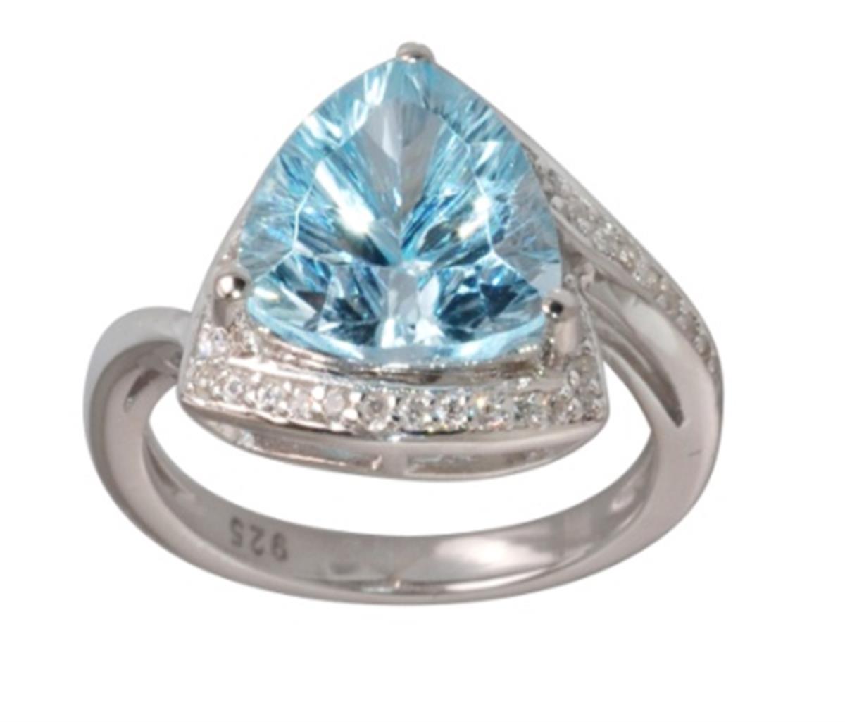 Sterling Silver Rhodium 10mm Trillion Cut Sky Blue Topaz with Rd White Zircon Halo Fashion Ring