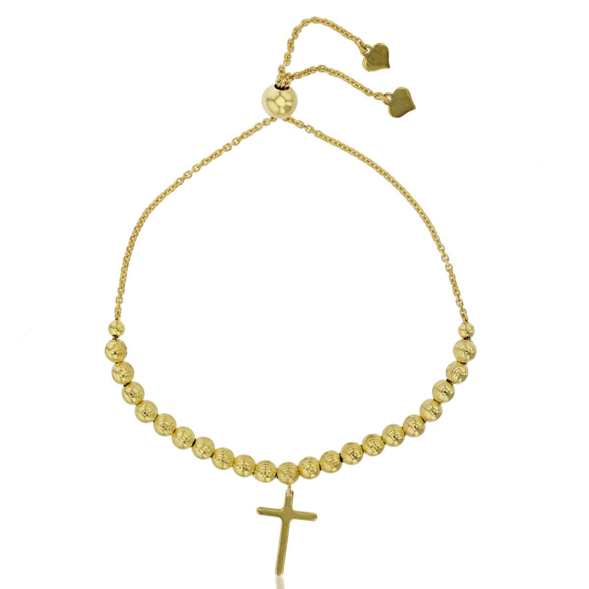 Sterling Silver Yellow Polished Cross & Moon Cut Beads Adjustable Bracelet