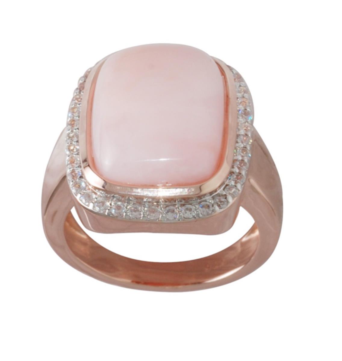 Sterling Silver Rose 1-Micron 16x12mm Cushion Cut Pink Opal with White Zircon Halo Fashion Ring