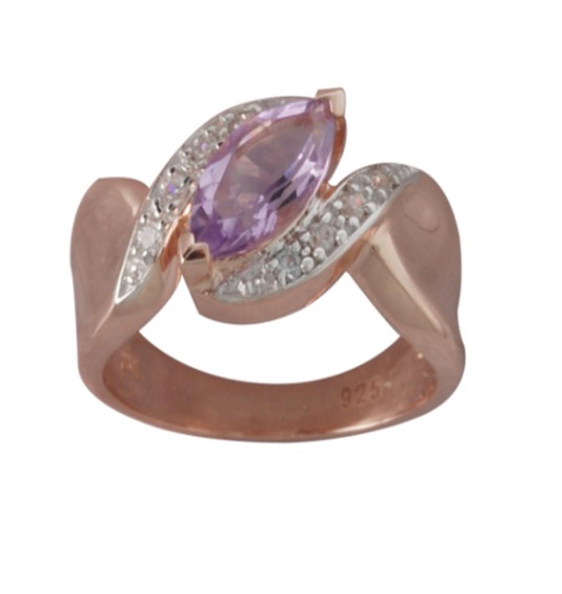 Sterling Silver Rose 1-Micron 10x5mm Marquise Cut Pink Amethyst & White Zirconia Twist Fashion Ring