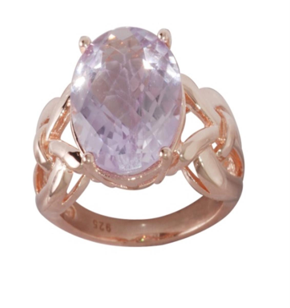 Sterling Silver Rose 1-Micron 16x12mm Oval Cut Pink Amethyst Open Link Sides Solitaire Ring