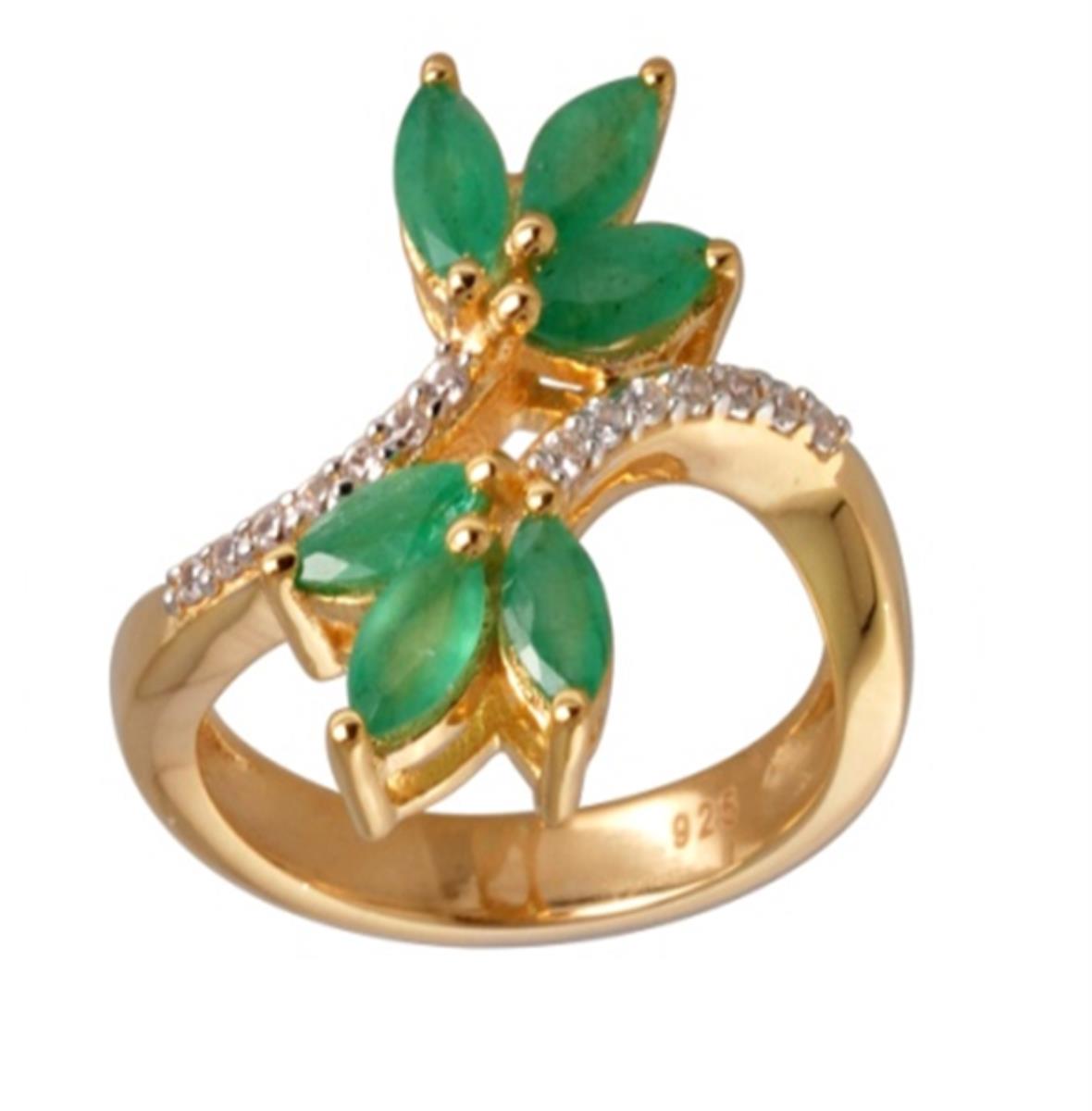 Sterling Silver Yellow 1-Micron Marquise Cut Emerald & Rd White Zircon Leaf Branch Fashion Ring