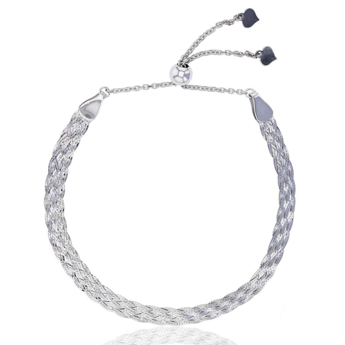 Sterling Silver Rhodium 6mm Wide Diamond Cut Weave Chain Adjustable Bracelet
